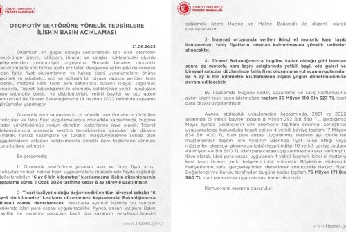 Ticaret Bakanlığımızın 21.06.2023 Tarihli Otomotiv Sektörüne Yönelik Tedbirlere İlişkin Basın Açıklaması